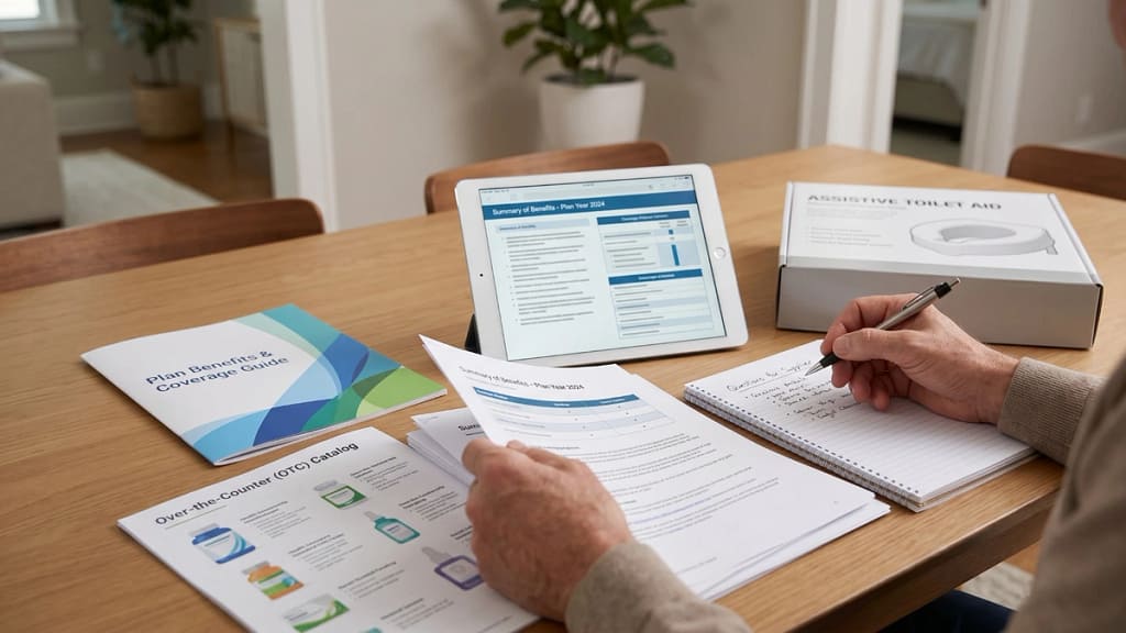 Reviewing Medicare Advantage plan benefits for a raised toilet seat