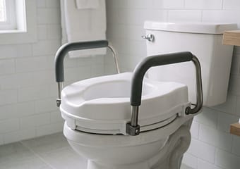 Raised toilet seat installed over a toilet bowl