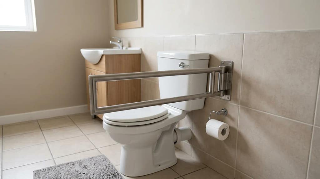 swing away grab bars for toilets installed next to toilet in open position