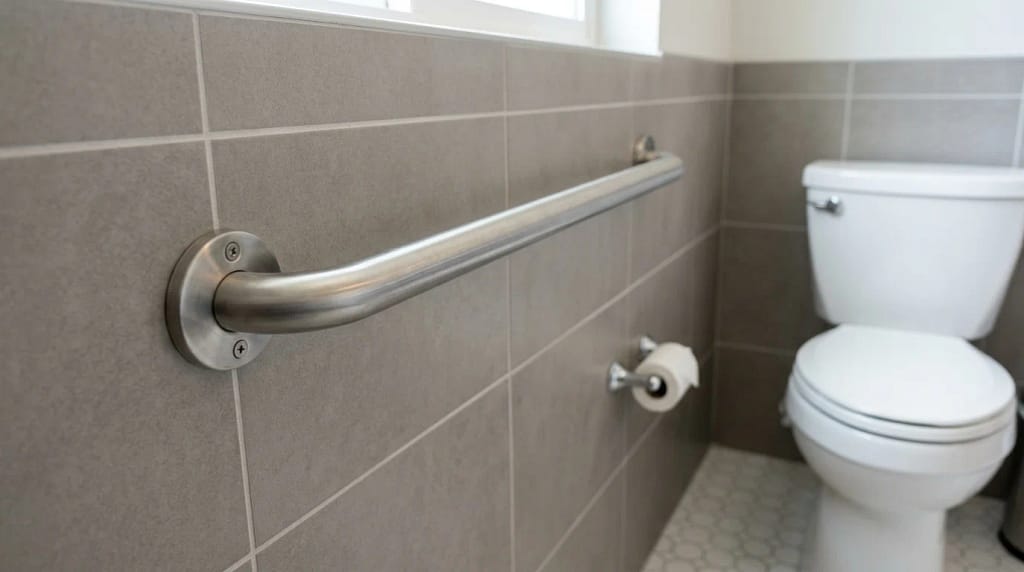 wall mounted grab bars installed on bathroom wall near toilet for support and stability