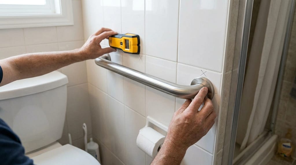 installer positioning a bathroom grab bar with a stud finder and marked wall support points