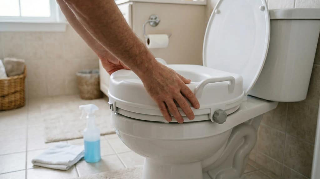 Reinstalling a cleaned raised toilet seat and tightening it securely after cleaning