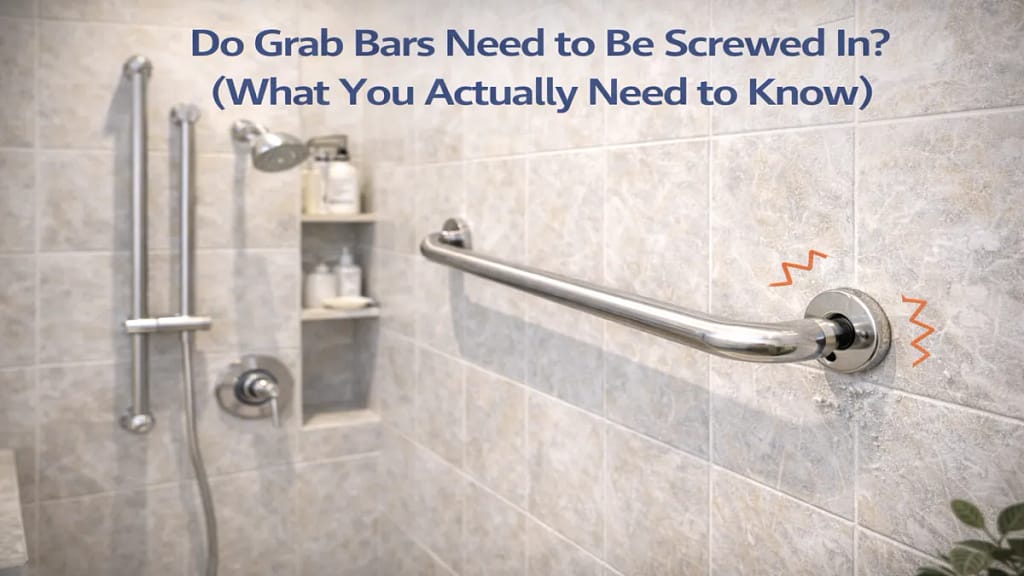 Do grab bars need to be screwed in example showing loose vs properly secured grab bar installation in a bathroom wall