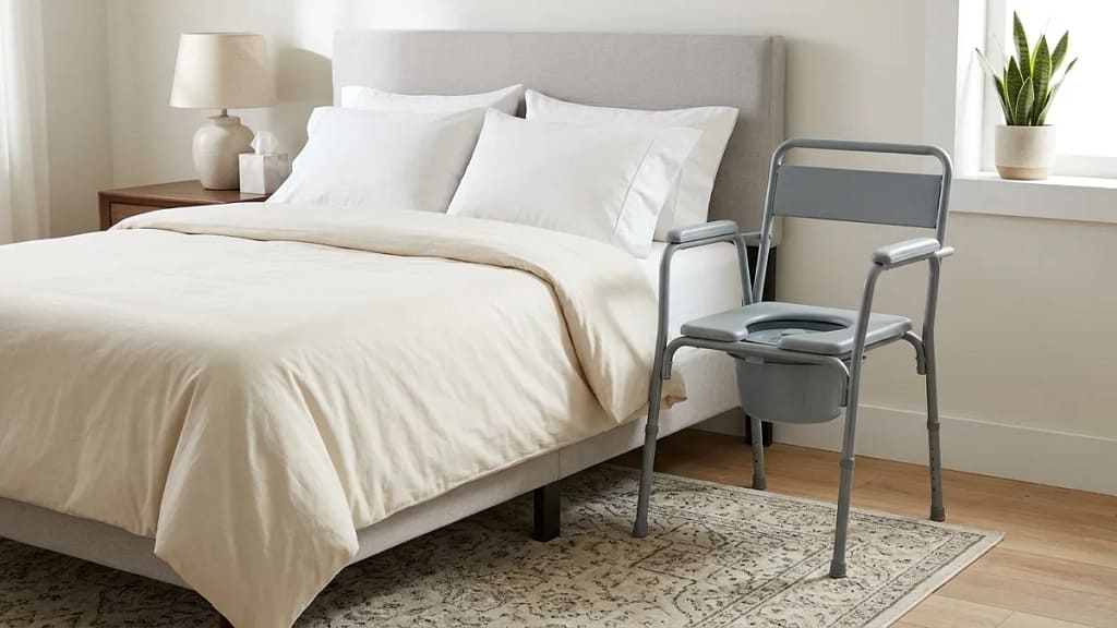 bedside commode placed next to a bed showing an accessible setup for seniors when reaching the bathroom is difficult