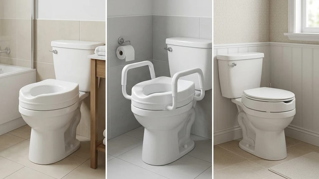 best raised toilet seats for seniors comparison showing a simple raised seat, a raised seat with handles, and a compact raised seat option