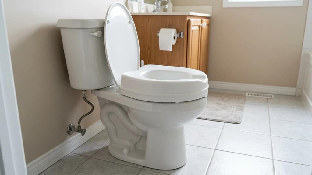 raised toilet seat added to a standard toilet to increase sitting height without replacing the toilet