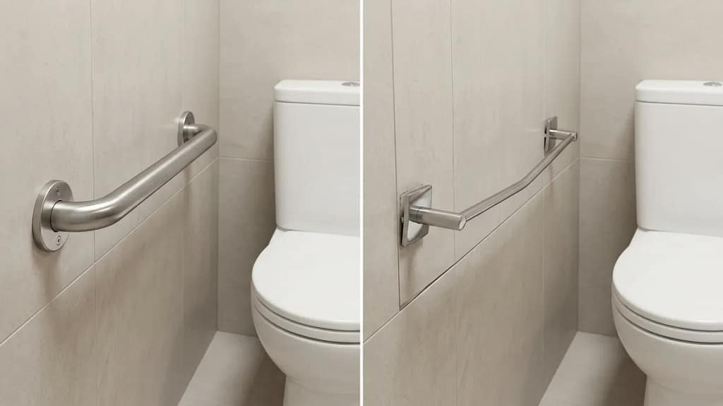 grab bars vs towel bars comparison showing secure grab bar and towel bar bending under pressure