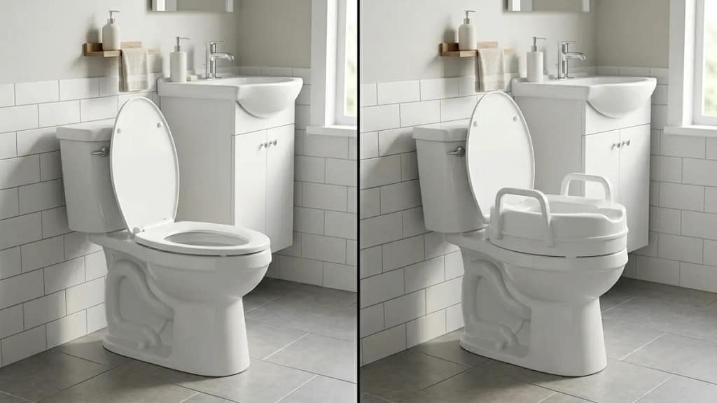 how much height does a raised toilet seat add shown by comparing a standard toilet and the same toilet with a raised toilet seat using a sink as a reference point