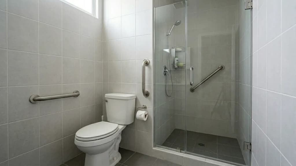 small bathroom with multiple grab bars showing horizontal vertical and angled support placement