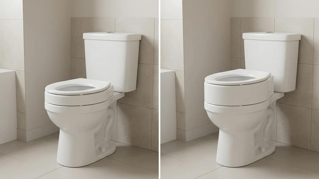 two raised toilet seat height options showing a modest lift and a taller lift on standard toilets