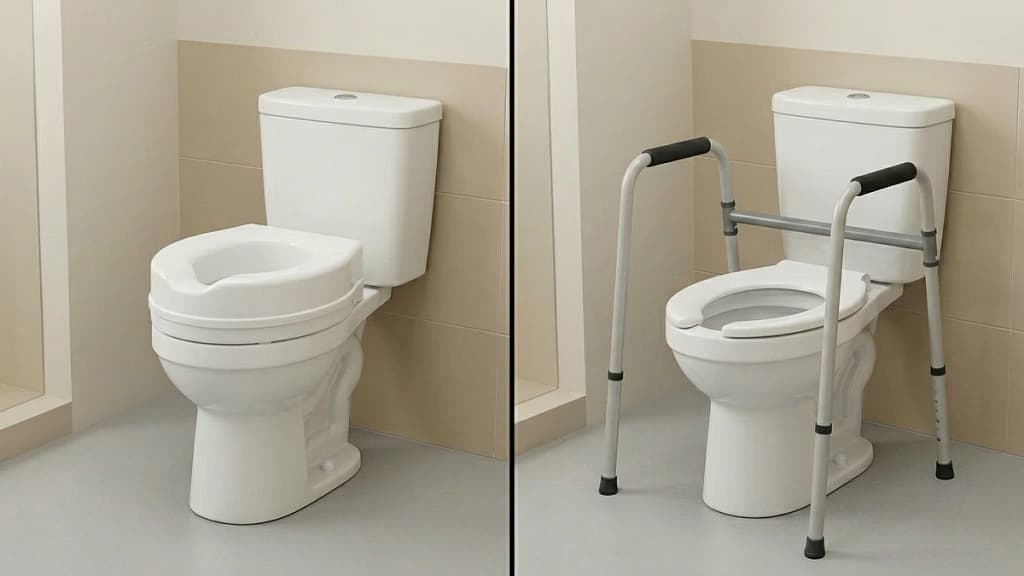 comparison of a raised toilet seat and a toilet safety frame