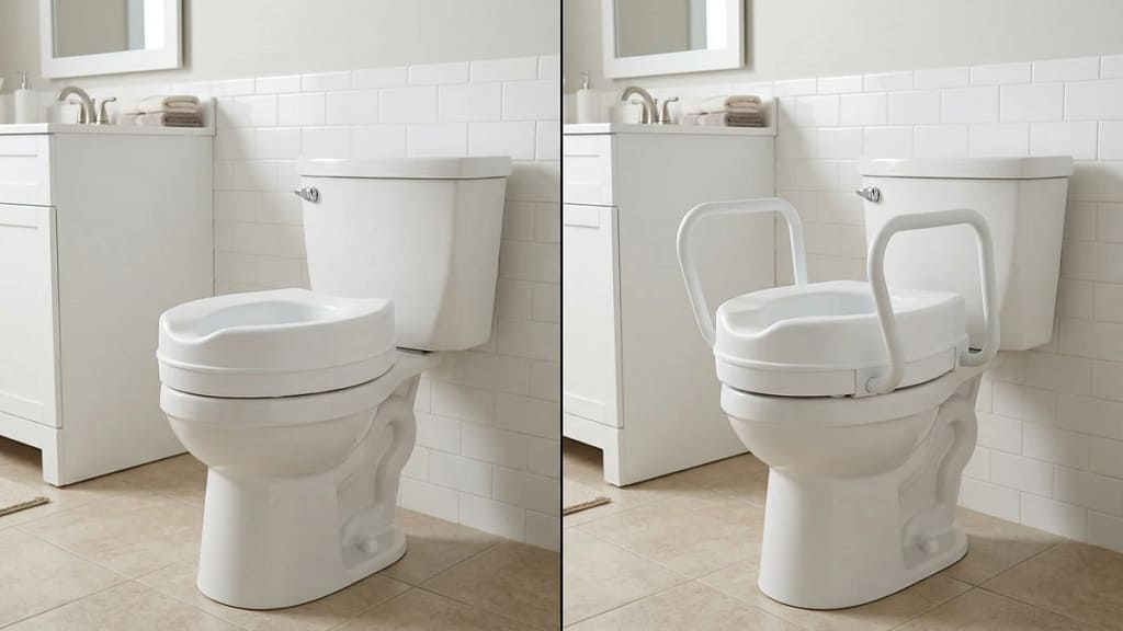 side-by-side comparison of a raised toilet seat without handles and a raised toilet seat with support handles