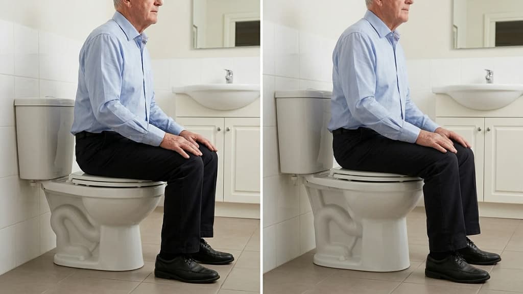 senior seated on standard and comfort height toilets showing how higher seat height changes knee and hip position