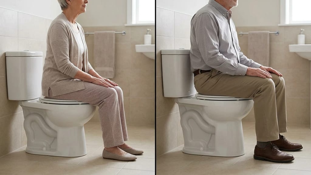 shorter senior seated on a standard toilet and taller senior seated on a comfort height toilet for fit comparison