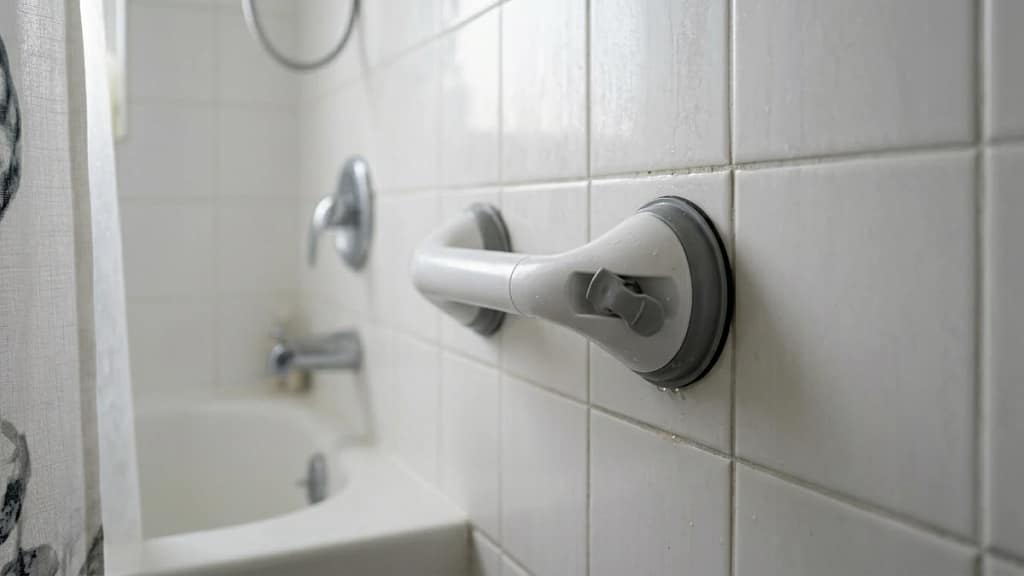 suction grab bar slightly loose on tile wall showing limitation of temporary grab bars