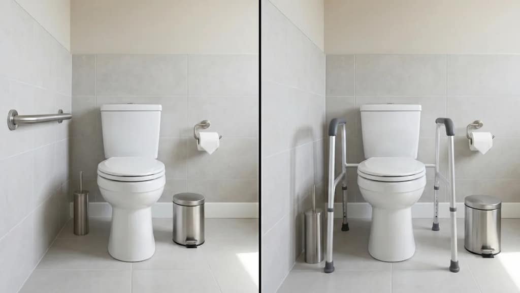 toilet grab bars vs toilet safety frames comparison in a bathroom setting