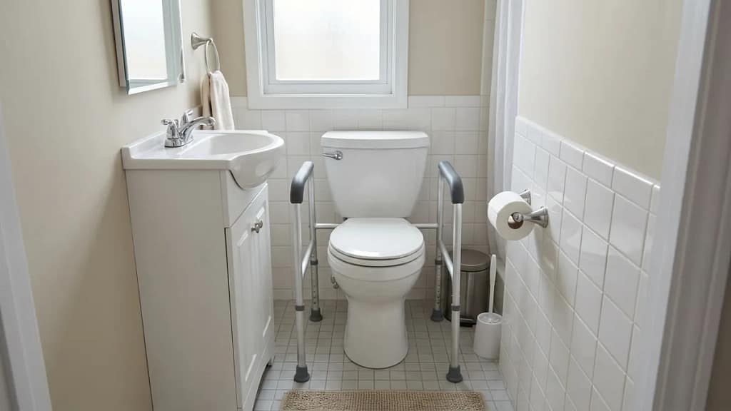 toilet safety frames for small bathrooms shown installed around a toilet in a tight compact bathroom space next to a sink and wall