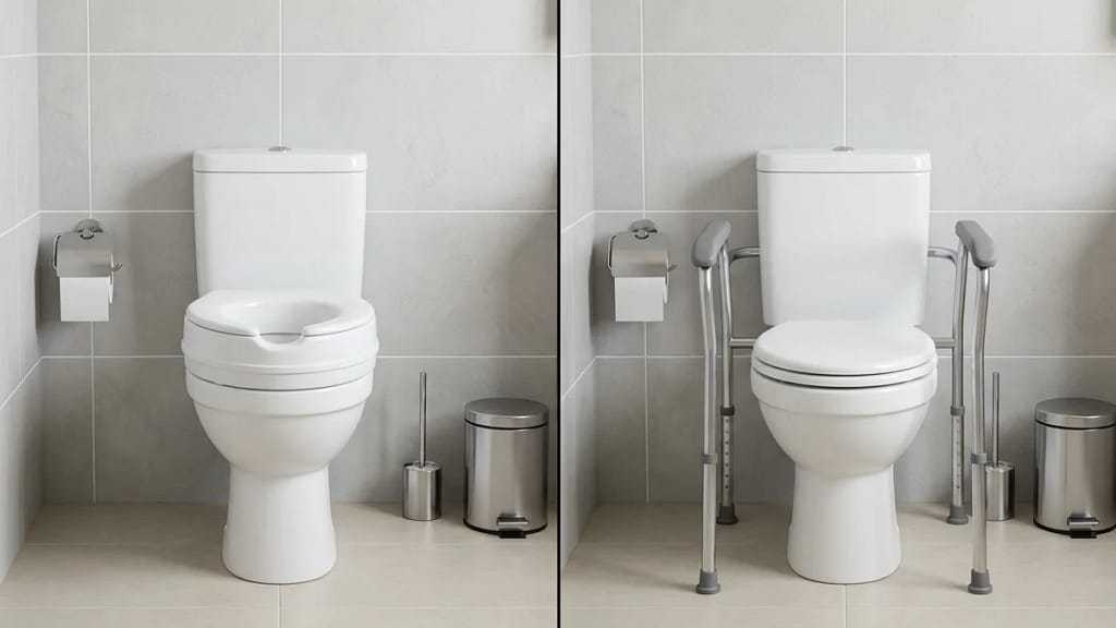 toilet safety frames vs raised toilet seats comparison in a bathroom setting