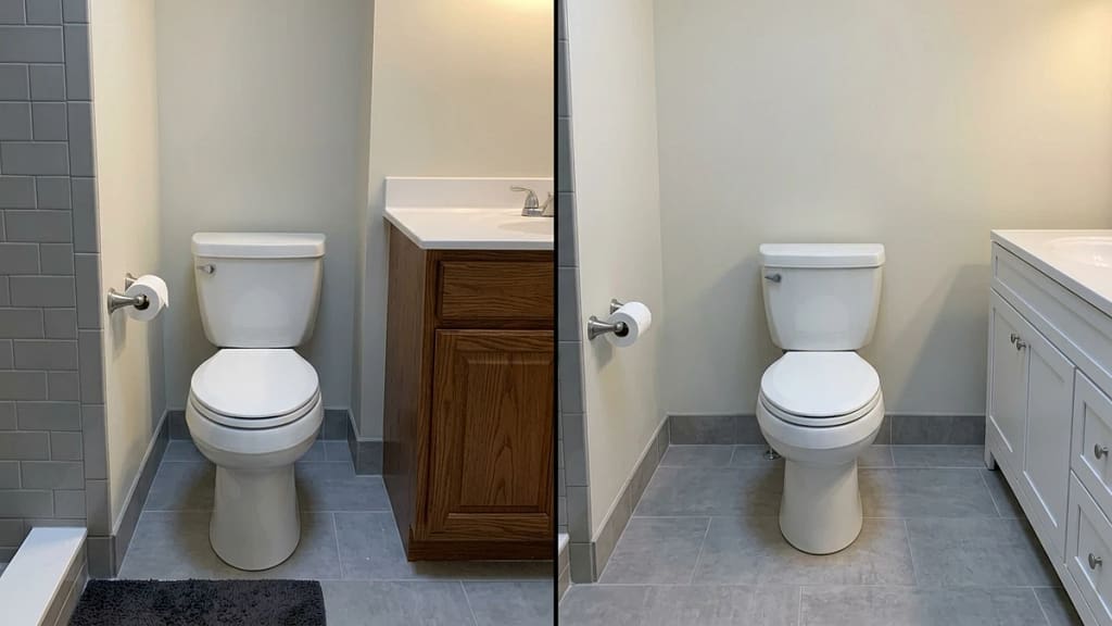 Side-by-side comparison showing a tight bathroom layout versus a more open layout with adequate clearance around the toilet.