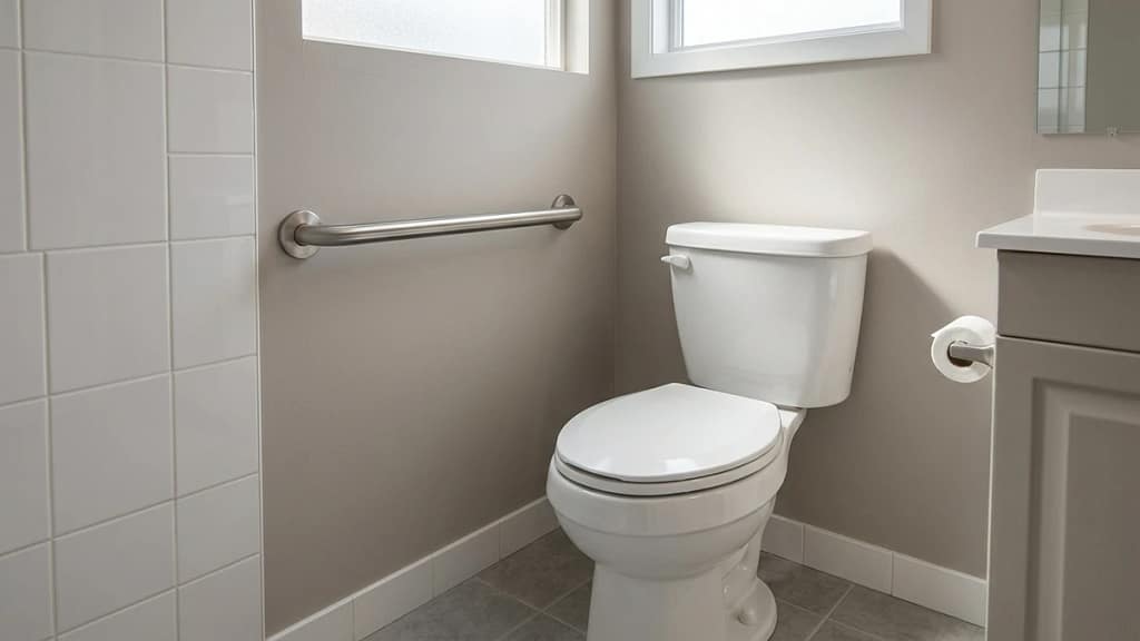 toilet with horizontal grab bar for support beside toilet