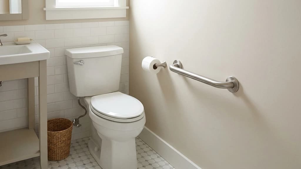 18 inch grab bar installed horizontally beside a toilet in a small bathroom
