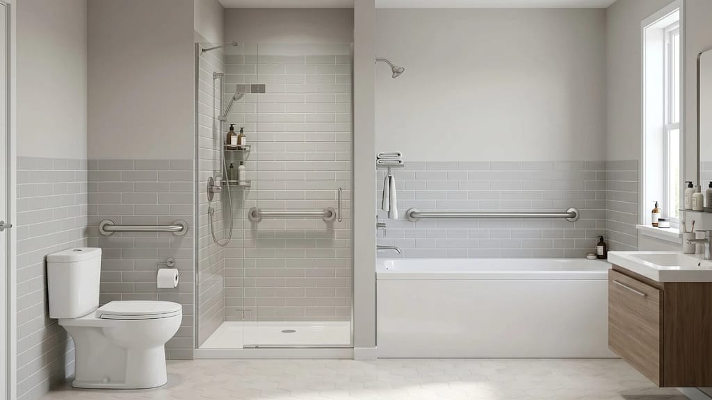 18 vs 24 vs 36 inch grab bars shown in toilet, shower, and bathtub areas