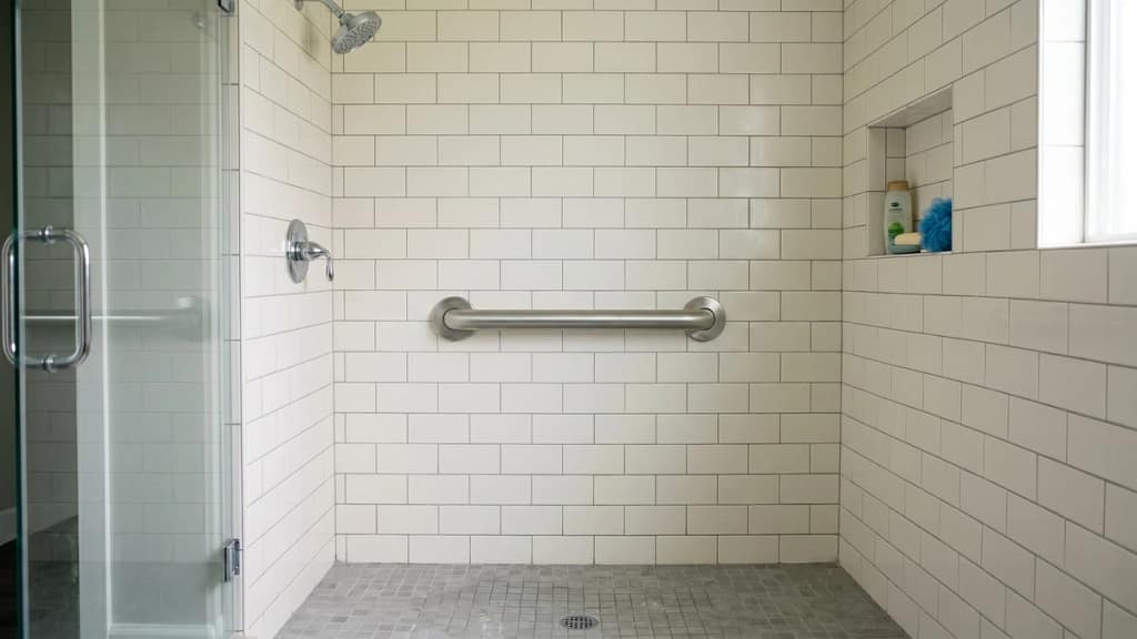 24 inch grab bar mounted horizontally on a tiled shower wall
