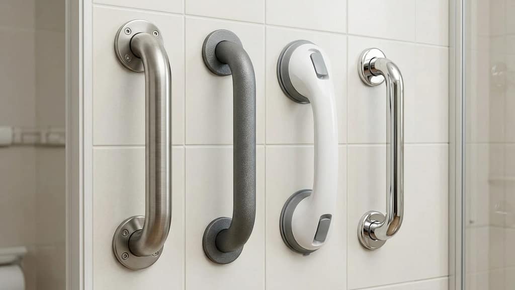 Best grab bar materials shown as stainless steel, coated metal, plastic, and chrome bathroom grab bars