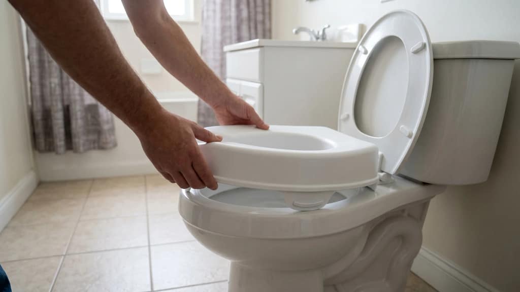 Can you use a raised toilet seat without tools shown with hands placing a simple raised seat on a toilet