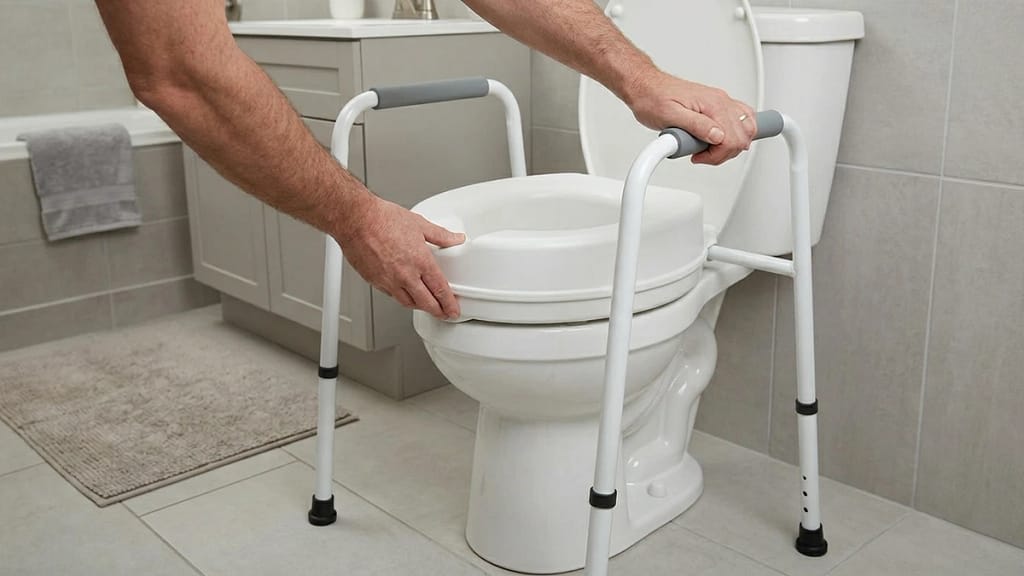 Hands checking the stability of a raised toilet seat and open-front toilet safety frame