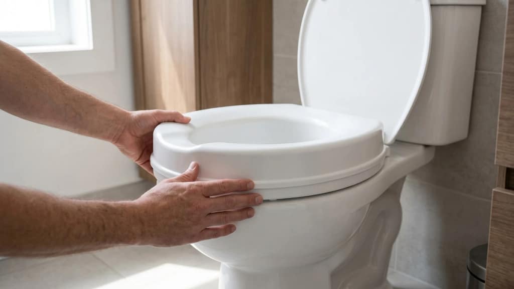 Hands checking a raised toilet seat for proper shape fit and stability