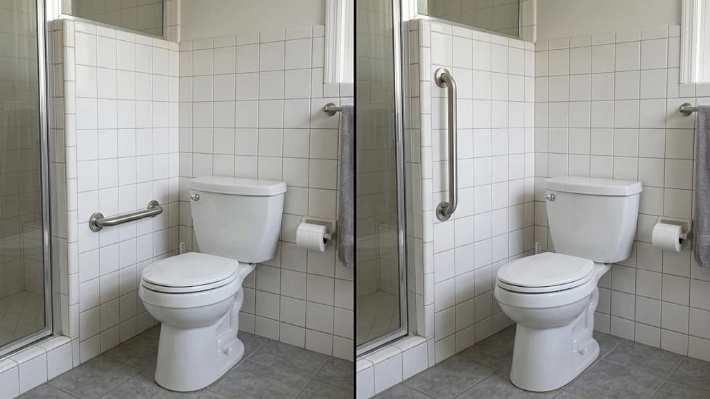 common grab bar installation mistakes shown with incorrect grab bar placement and orientation in a bathroom