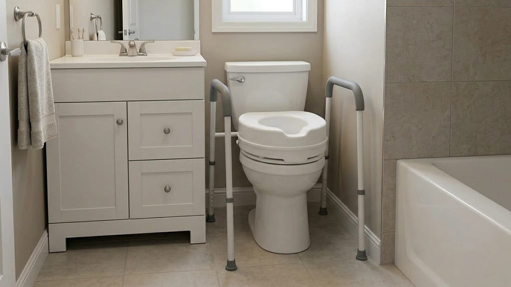 Raised toilet seat and open-front toilet safety frame in a tight bathroom space