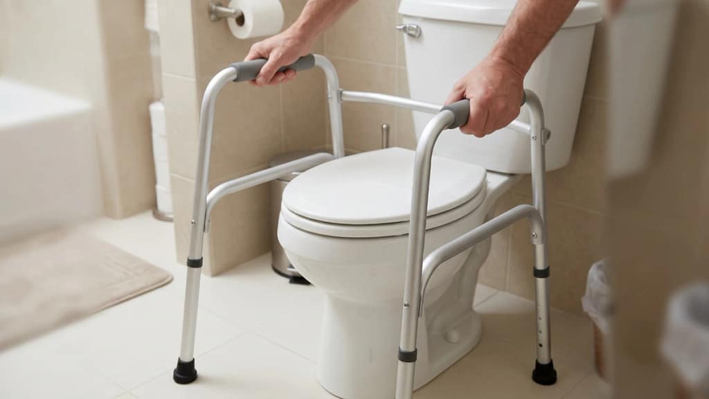 Hands checking the stability of a folding toilet safety frame around a toilet