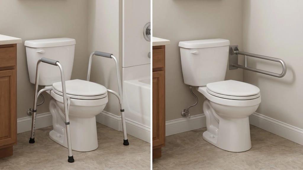 Folding toilet safety frame and folding grab bar compared beside toilets