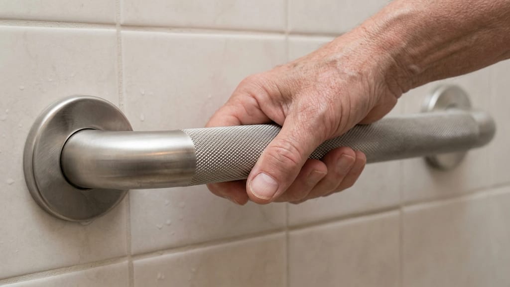 Senior hand gripping a textured bathroom grab bar to show grip comfort