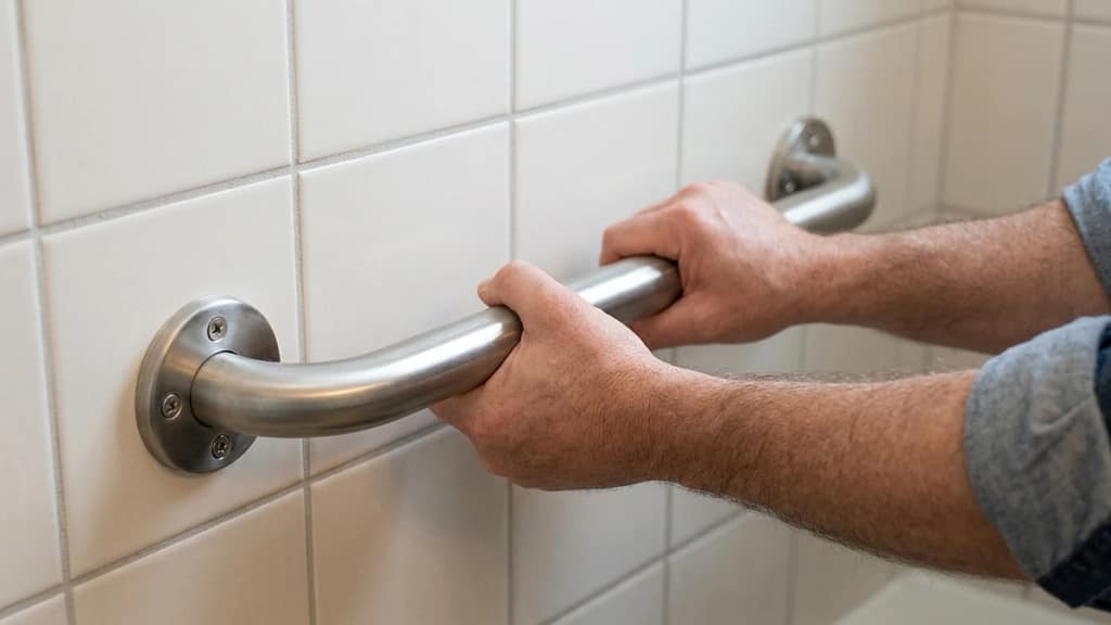 Hands testing a securely mounted bathroom grab bar with visible mounting screws