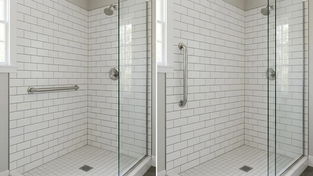 horizontal and vertical grab bars on the same shower side wall showing how orientation changes bathroom support