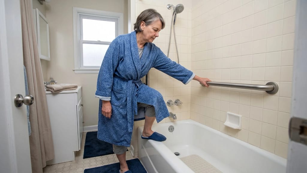 Person using a grab bar for support while stepping into a bathtub