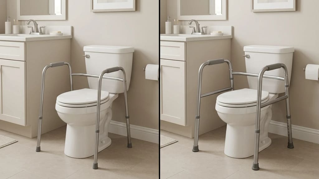 basic toilet safety frame and sturdier toilet safety frame compared beside a toilet
