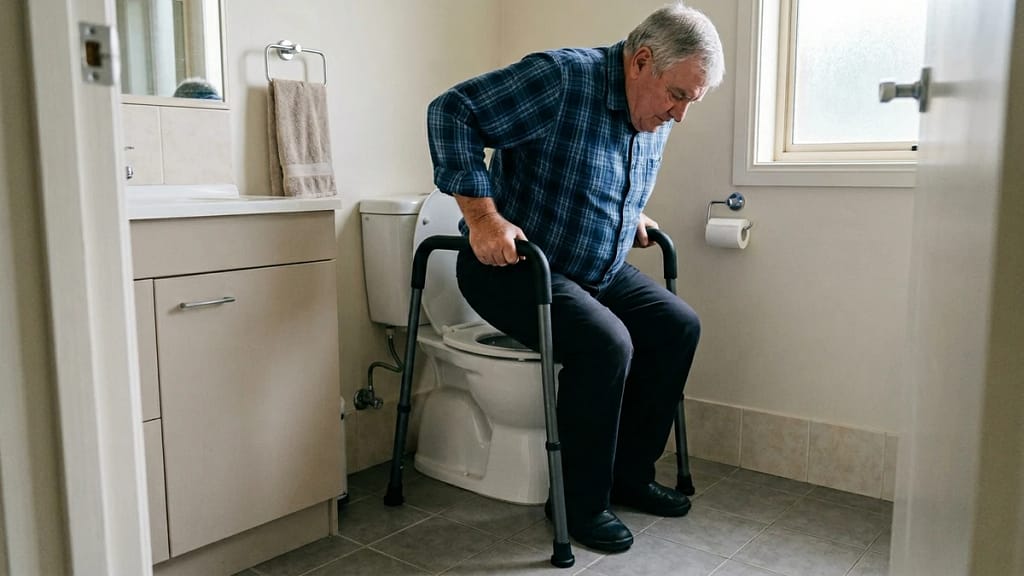 how much weight can a toilet safety frame hold shown by a senior using both handles while standing from the toilet