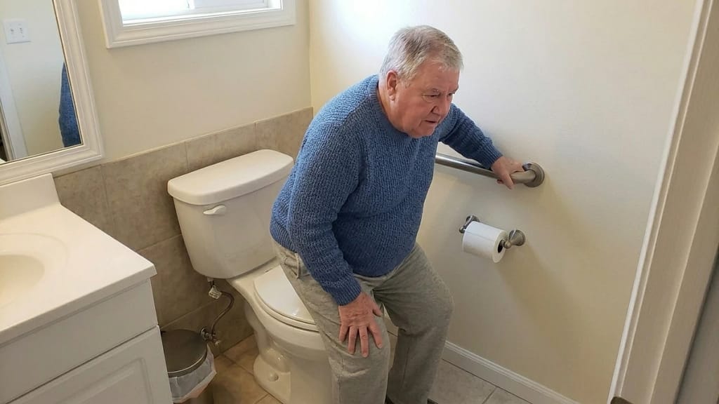 how much weight can grab bars hold shown by a senior using a wall-mounted grab bar beside a toilet