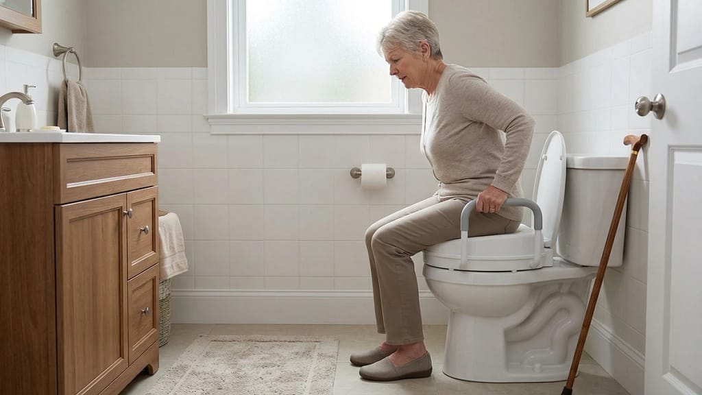 Senior with arthritis lowering onto a raised toilet seat with handles in a home bathroom