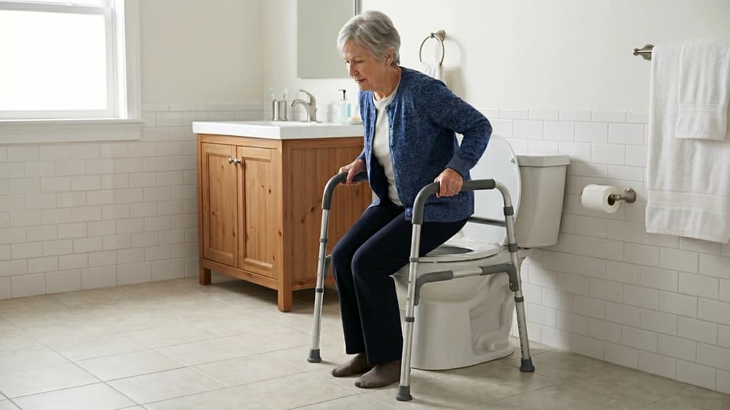 How to choose a toilet safety frame shown with a senior using a freestanding support frame
