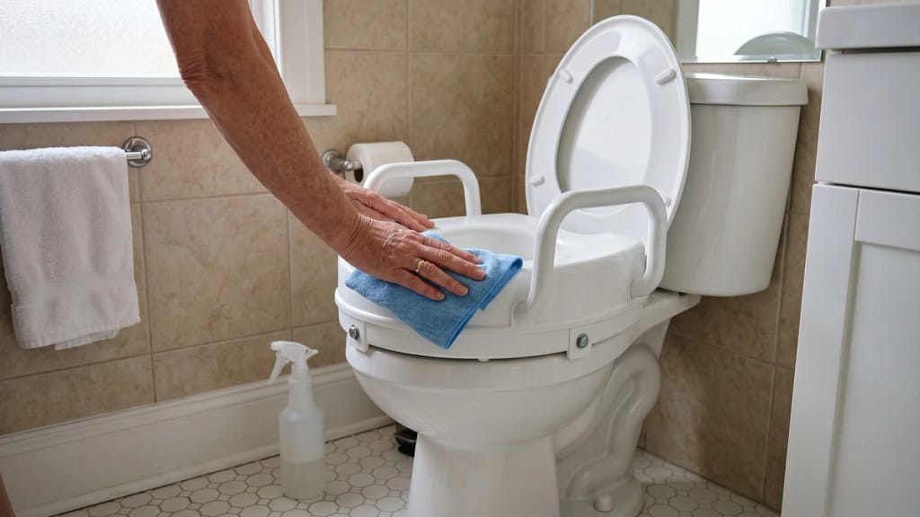 How to clean a raised toilet seat with a soft cloth and mild cleaner