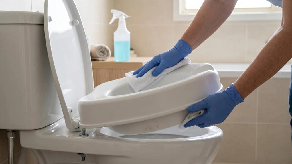 Cleaning the front lip and underside of a raised toilet seat