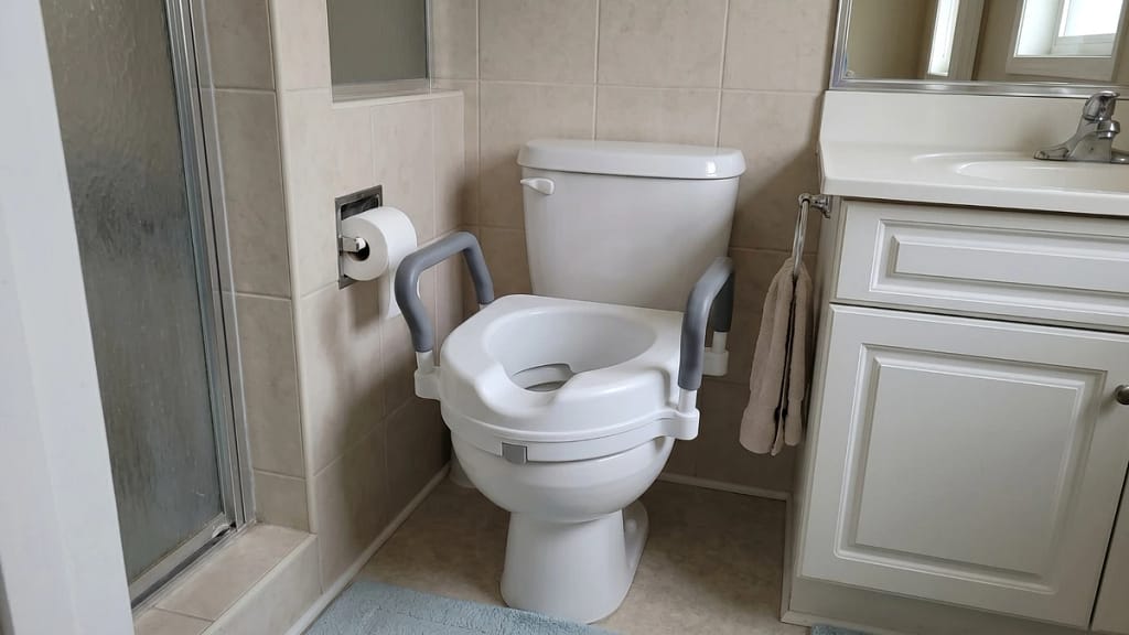 Raised toilet seat with handles in a small bathroom with limited side clearance