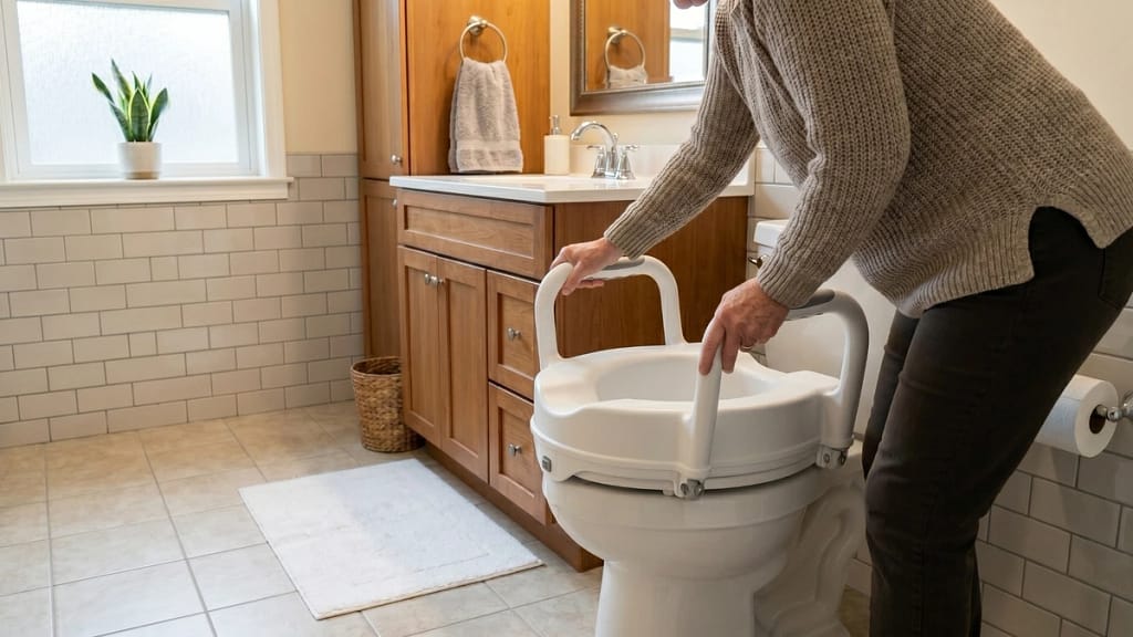 Hands checking the stability of a raised toilet seat with handles