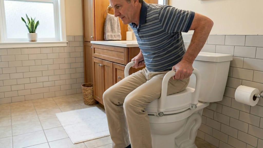 Senior using handles on a raised toilet seat for support