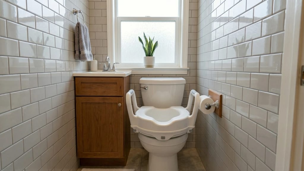 Raised toilet seat with handles installed in a narrow bathroom